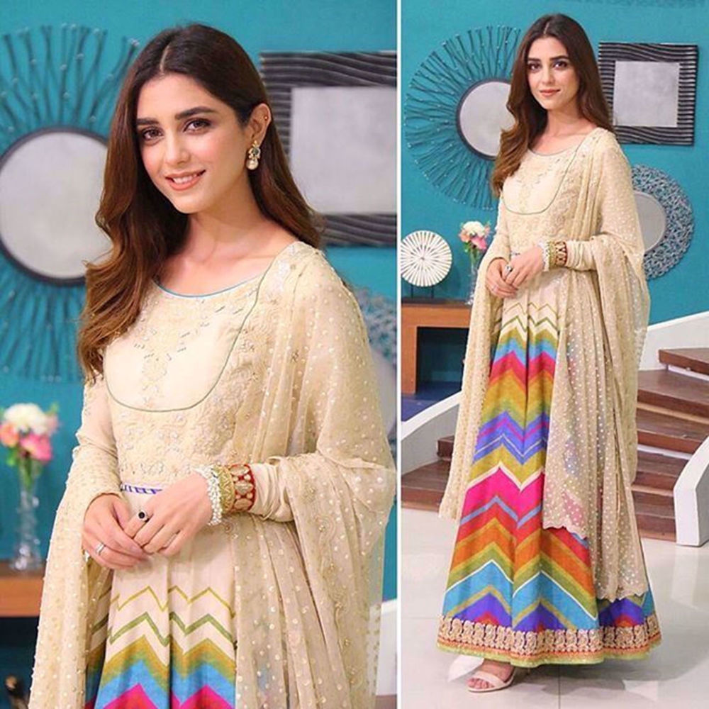 Picture of THIS ELEGANT COLORFUL PISHWAS BY NOMI ANSARI WAS WORN BY MAYA ALI IN A MORNING SHOW≡