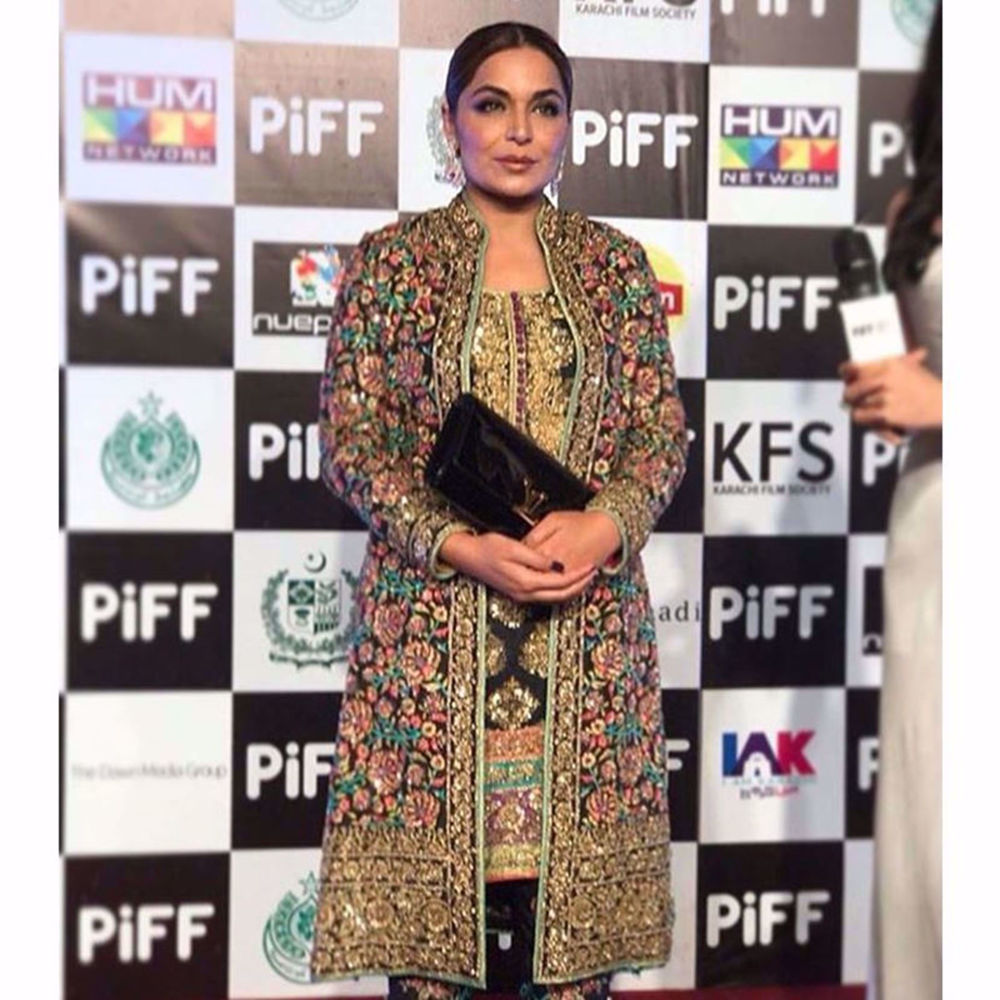 Picture of MEERA WEARING AN EMBELLISHED JACKET WITH HEAVY ZARDOZI WORK PAIRED WITH AN EMBROIDERED SHIRT AND STRAIGHT PANTS AT #PIFF2018