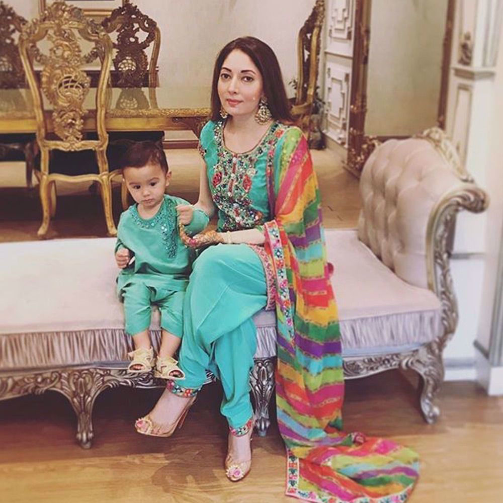 Picture of sharmilafaruqi and Hussain spotted wearing a traditional mirror worked #nomiansari outfits