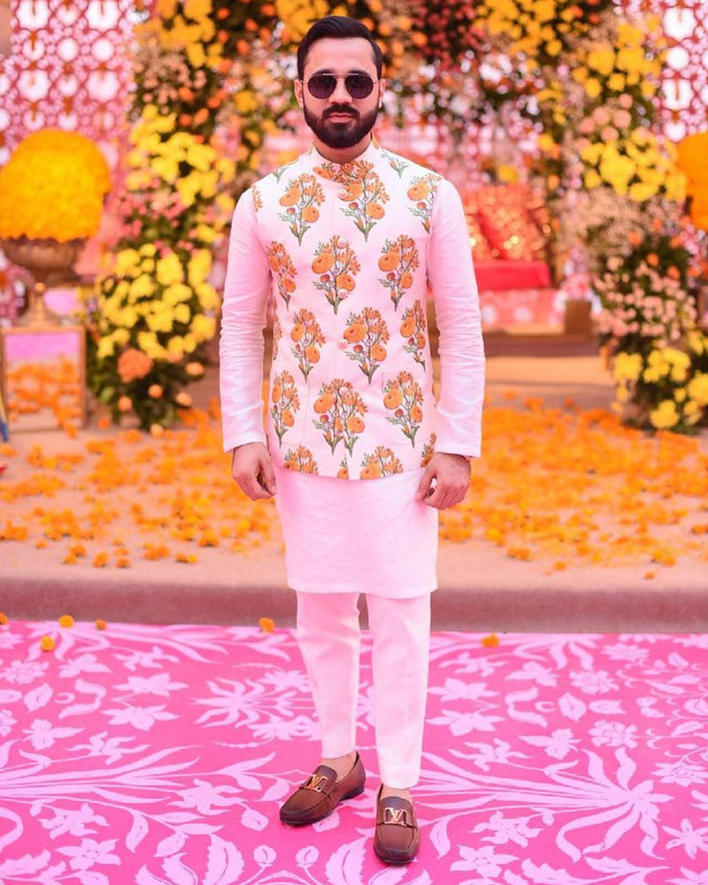 Picture of Taha is a cool groom in our quirky waistcoat paired with straight pants and a tailored kurta.